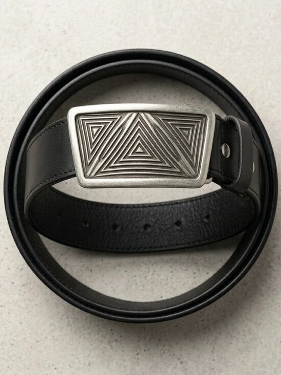 Real Leather Other - Geometric Triangle Genuine Leather Belt Antique Silver Engraved Statement Buckle